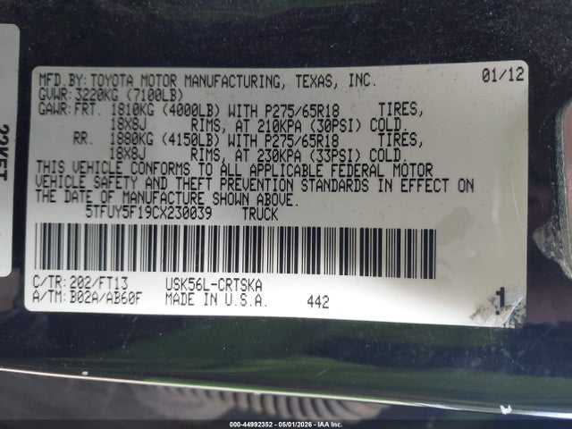 44992352 :رقم المزاد ، 5TFUY5F19CX230039 vin ، 2012 Toyota Tundra Grade 5.7l V8 مزاد بيع