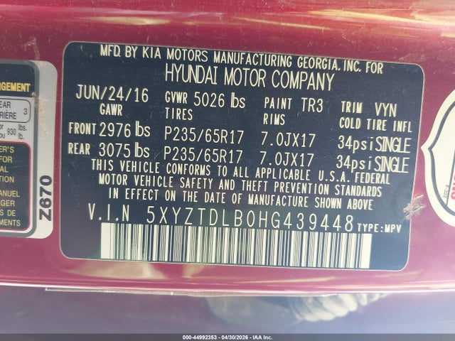 2017 Hyundai Santa Fe Sport 2.4l მანქანა იყიდება აუქციონზე, vin: 5XYZTDLB0HG439448, აუქციონის ნომერი: 44992353