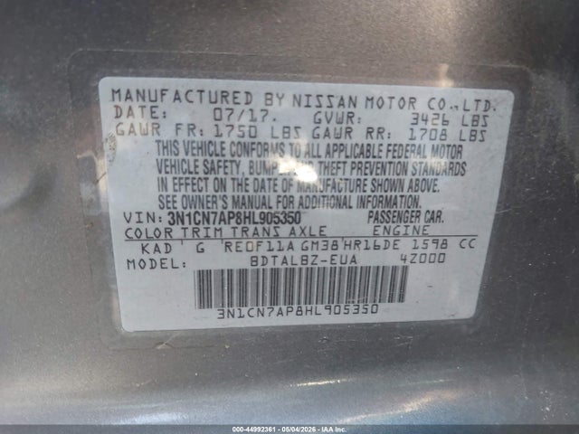 Aukcja sprzedaży 2017 Nissan Versa 1.6 Sv, vin: 3N1CN7AP8HL905350, numer aukcji: 44992361