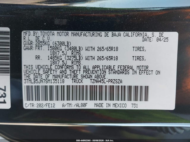 44992365 :رقم المزاد ، 3TMLB5JN7SM135118 vin ، 2025 Toyota Tacoma Trd Sport مزاد بيع