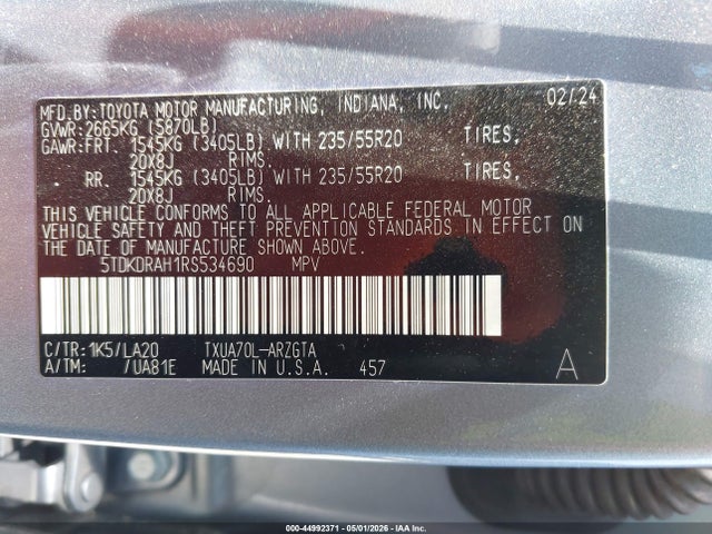 44992371 :رقم المزاد ، 5TDKDRAH1RS534690 vin ، 2024 Toyota Highlander Platinum مزاد بيع