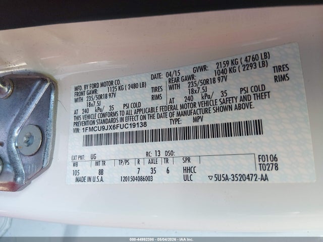 44992398 :رقم المزاد ، 1FMCU9JX6FUC19138 vin ، 2015 Ford Escape Titanium مزاد بيع