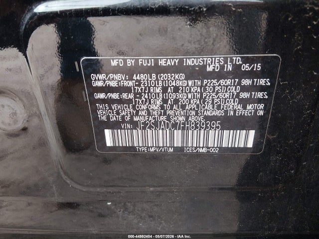 2015 Subaru Forester 2.5i Premium მანქანა იყიდება აუქციონზე, vin: JF2SJADC7FH839395, აუქციონის ნომერი: 44992404