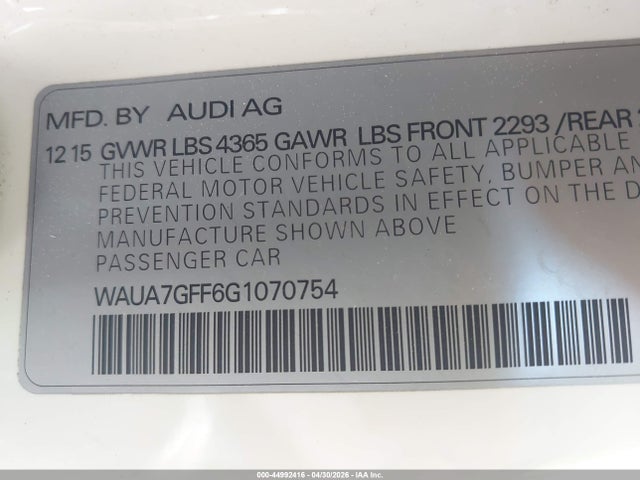 2016 Audi A3 1.8t Premium მანქანა იყიდება აუქციონზე, vin: WAUA7GFF6G1070754, აუქციონის ნომერი: 44992416