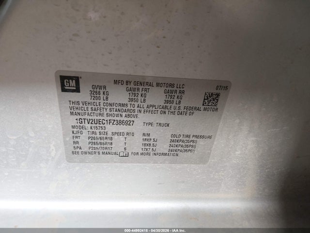 Aukcja sprzedaży 2015 Gmc Sierra 1500 Sle, vin: 1GTV2UEC1FZ386927, numer aukcji: 44992418