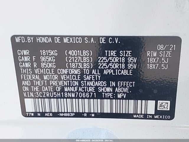 Продаж на аукціоні авто 2022 Honda Hr-v 2wd Sport, vin: 3CZRU5H18NM706671, номер лоту: 44992425
