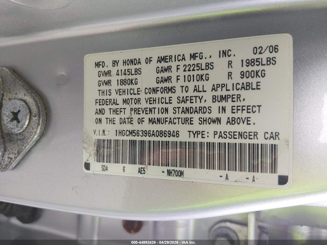 Auction sale of the 2006 Honda Accord 2.4 Se, vin: 1HGCM56396A086946, lot number: 44992426