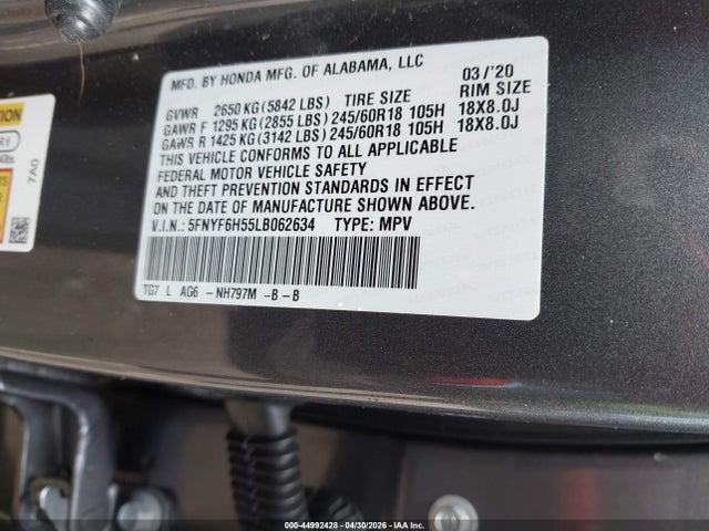 Продаж на аукціоні авто 2020 Honda Pilot Ex-l, vin: 5FNYF6H55LB062634, номер лоту: 44992428