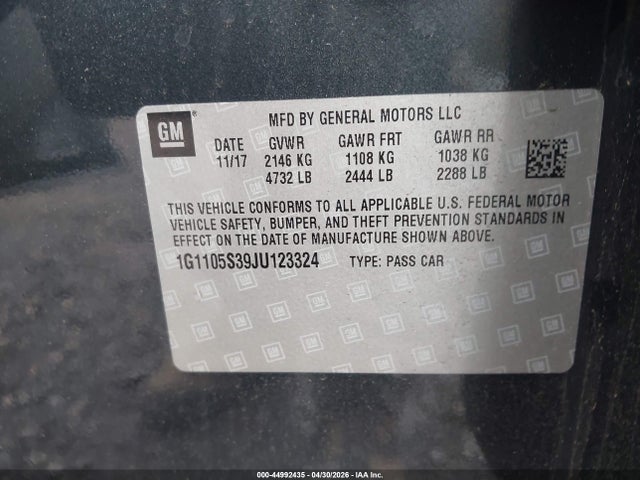 44992435 :رقم المزاد ، 1G1105S39JU123324 vin ، 2018 Chevrolet Impala 1lt مزاد بيع