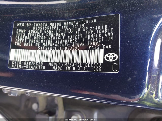 44992442 :رقم المزاد ، 5YFS4RCE5LP033398 vin ، 2020 Toyota Corolla Se مزاد بيع