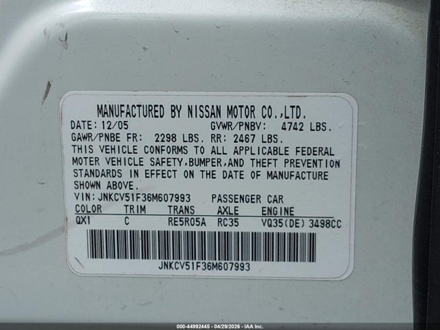 2006 Infiniti G35x მანქანა იყიდება აუქციონზე, vin: JNKCV51F36M607993, აუქციონის ნომერი: 44992445