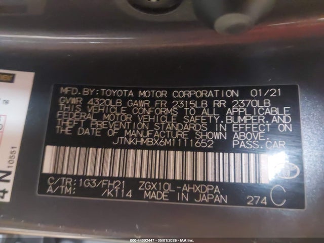 Aukcja sprzedaży 2021 Toyota C-hr Le, vin: JTNKHMBX6M1111652, numer aukcji: 44992447