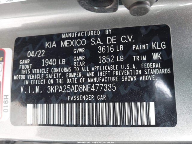 2022 Kia Rio 5-door S მანქანა იყიდება აუქციონზე, vin: 3KPA25AD8NE477335, აუქციონის ნომერი: 44992451