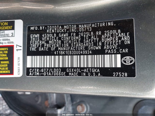 2013 Toyota Avalon Xle მანქანა იყიდება აუქციონზე, vin: 4T1BK1EB3DU049934, აუქციონის ნომერი: 44992452