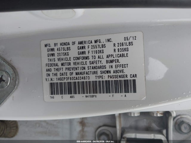 Продаж на аукціоні авто 2012 Honda Accord 3.5 Ex-l, vin: 1HGCP3F80CA034673, номер лоту: 44992454