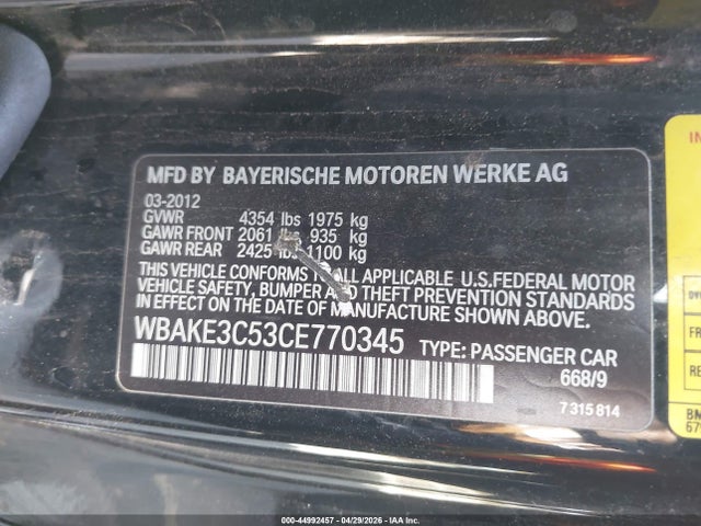 Aukcja sprzedaży 2012 Bmw 328i, vin: WBAKE3C53CE770345, numer aukcji: 44992457