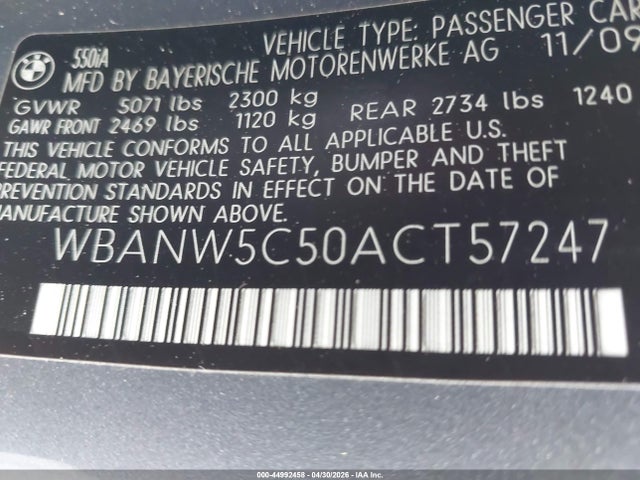 Aukcja sprzedaży 2010 Bmw 550i, vin: WBANW5C50ACT57247, numer aukcji: 44992458