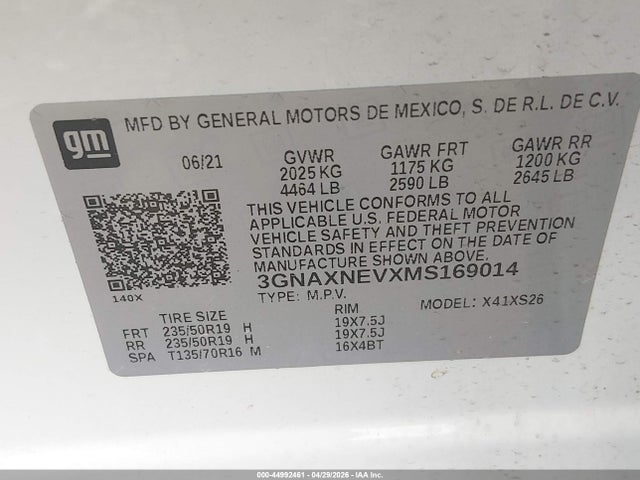 44992461 :رقم المزاد ، 3GNAXNEVXMS169014 vin ، 2021 Chevrolet Equinox Fwd Premier مزاد بيع