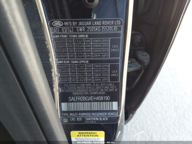 SALFR2BGXEH408190 Land Rover LR2