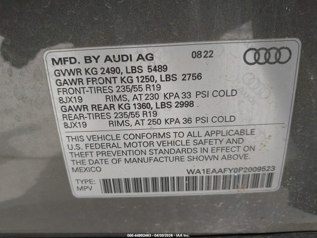 Продаж на аукціоні авто 2023 Audi Q5 Premium Plus 45 Tfsi S Line Quattro, vin: WA1EAAFY0P2009523, номер лоту: 44992463