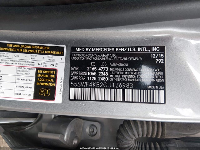 44992468 :رقم المزاد ، 55SWF4KB2GU126983 vin ، 2016 Mercedes-benz C 300 Sport 4matic مزاد بيع