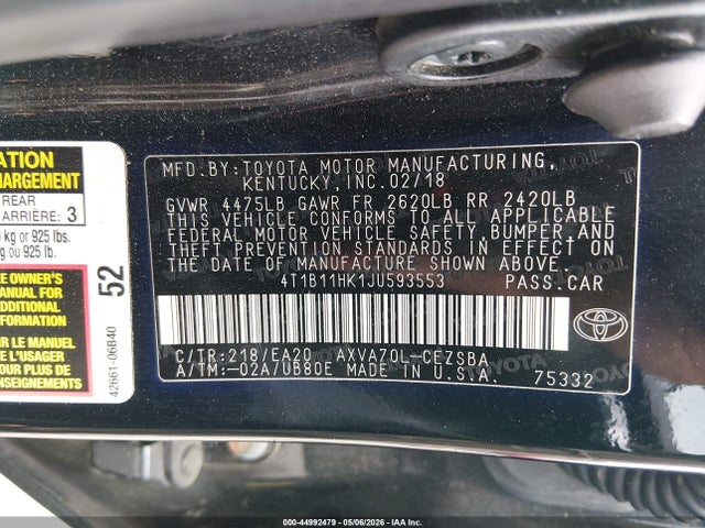 Продаж на аукціоні авто 2018 Toyota Camry Se, vin: 4T1B11HK1JU593553, номер лоту: 44992479
