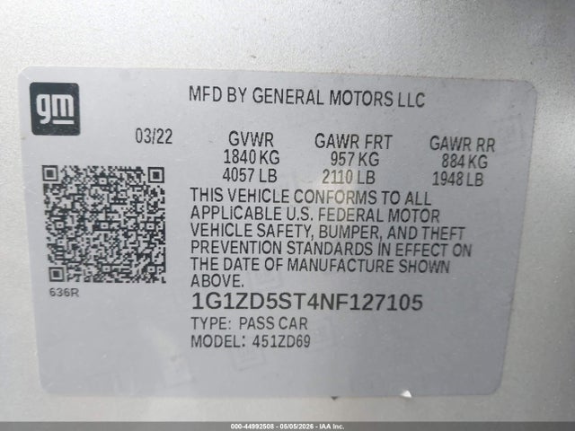 44992508 :رقم المزاد ، 1G1ZD5ST4NF127105 vin ، 2022 Chevrolet Malibu Fwd Lt مزاد بيع