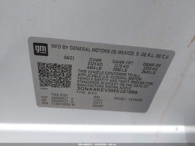 44992511 :رقم المزاد ، 3GNAXKEV5MS167895 vin ، 2021 Chevrolet Equinox Fwd Lt مزاد بيع