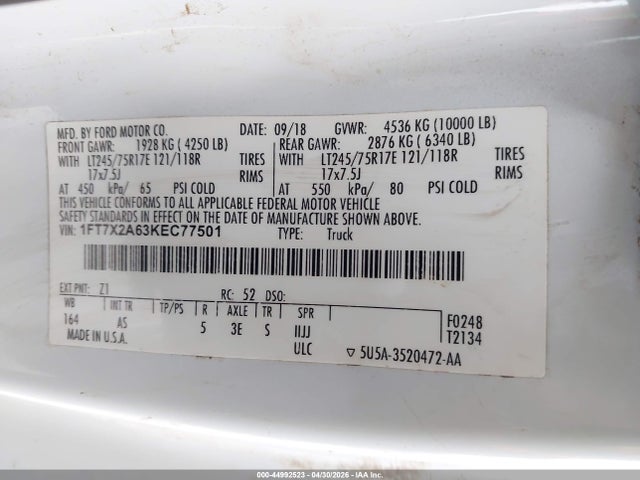 Продаж на аукціоні авто 2019 Ford F-250 Xl, vin: 1FT7X2A63KEC77501, номер лоту: 44992523