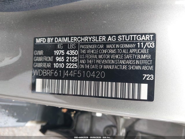 44992526 :رقم المزاد ، WDBRF61J44F510420 vin ، 2004 Mercedes-benz C 240 مزاد بيع