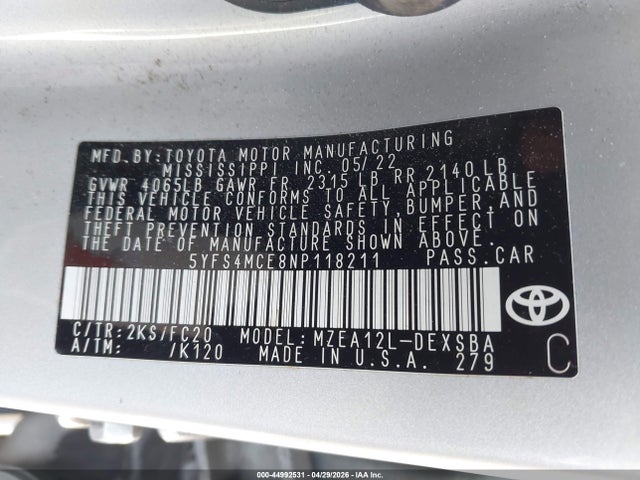 44992531 :رقم المزاد ، 5YFS4MCE8NP118211 vin ، 2022 Toyota Corolla Se مزاد بيع
