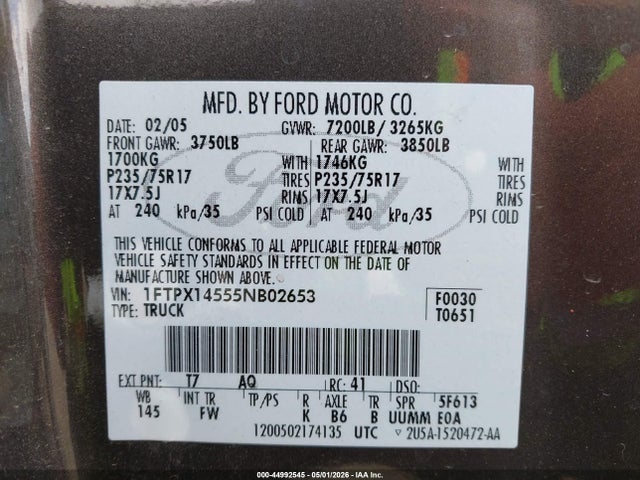 2005 Ford F-150 Fx4/lariat/xl/xlt მანქანა იყიდება აუქციონზე, vin: 1FTPX14555NB02653, აუქციონის ნომერი: 44992545