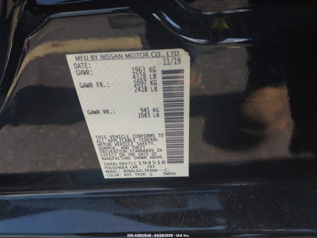 Продажа на аукционе авто 2020 Nissan Altima S Fwd, vin: 1N4BL4BV7LC194518, номер лота: 44992549