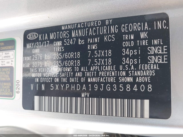 Продажа на аукционе авто 2018 Kia Sorento 2.0t Ex, vin: 5XYPHDA19JG358408, номер лота: 44992556