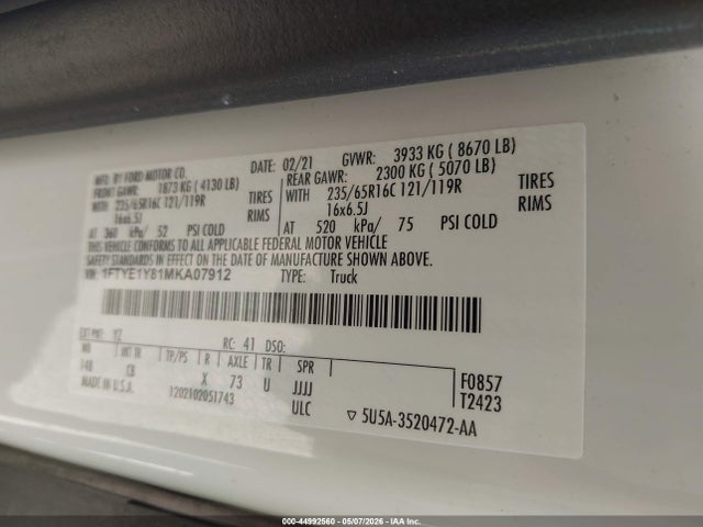 Aukcja sprzedaży 2021 Ford Transit-150, vin: 1FTYE1Y81MKA07912, numer aukcji: 44992560