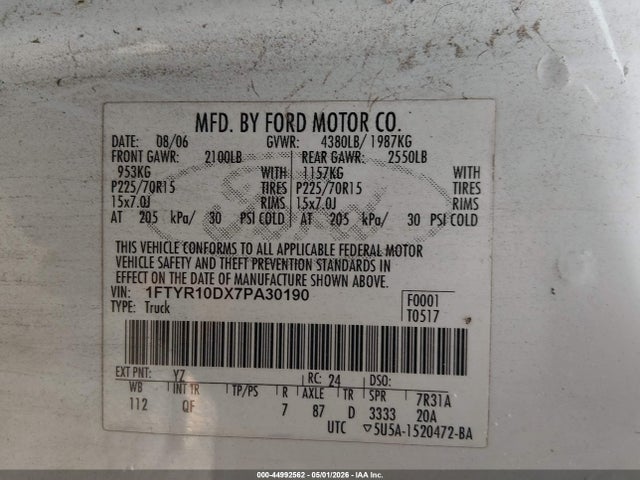 Aukcja sprzedaży 2007 Ford Ranger Stx/xl/xlt, vin: 1FTYR10DX7PA30190, numer aukcji: 44992562