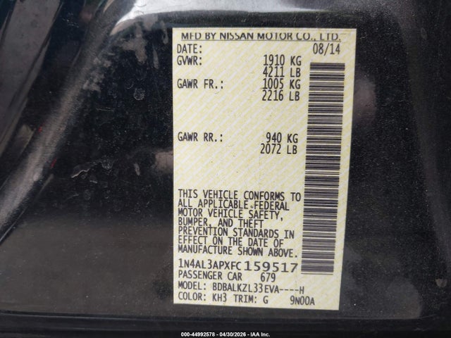 2015 Nissan Altima 2.5 Sv მანქანა იყიდება აუქციონზე, vin: 1N4AL3APXFC159517, აუქციონის ნომერი: 44992578