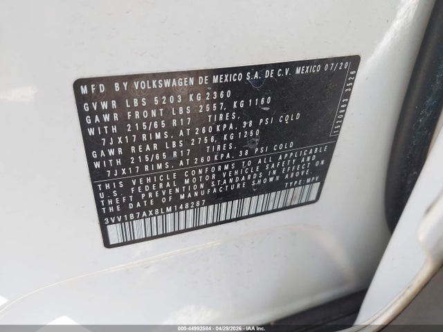 Aukcja sprzedaży 2020 Volkswagen Tiguan 2.0t S, vin: 3VV1B7AX8LM148287, numer aukcji: 44992584
