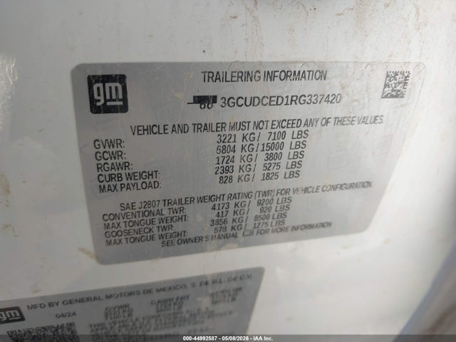 Продаж на аукціоні авто 2024 Chevrolet Silverado 1500 4wd  Short Bed Custom Trail Boss, vin: 3GCUDCED1RG337420, номер лоту: 44992587
