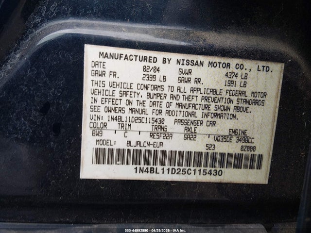 Продаж на аукціоні авто 2005 Nissan Altima 3.5 Se, vin: 1N4BL11D25C115430, номер лоту: 44992590