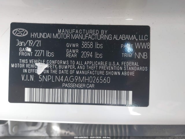 Aukcja sprzedaży 2021 Hyundai Elantra Sel, vin: 5NPLN4AG9MH026560, numer aukcji: 44992602