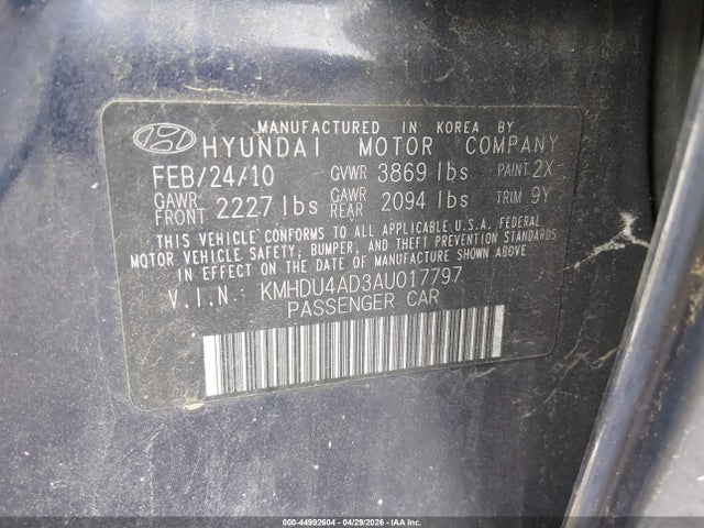 Aukcja sprzedaży 2010 Hyundai Elantra Gls, vin: KMHDU4AD3AU017797, numer aukcji: 44992604