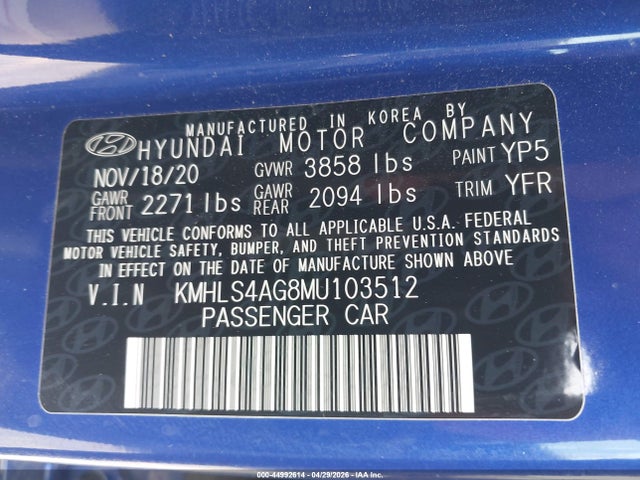 KMHLS4AG8MU103512 Hyundai ELANTRA SEL