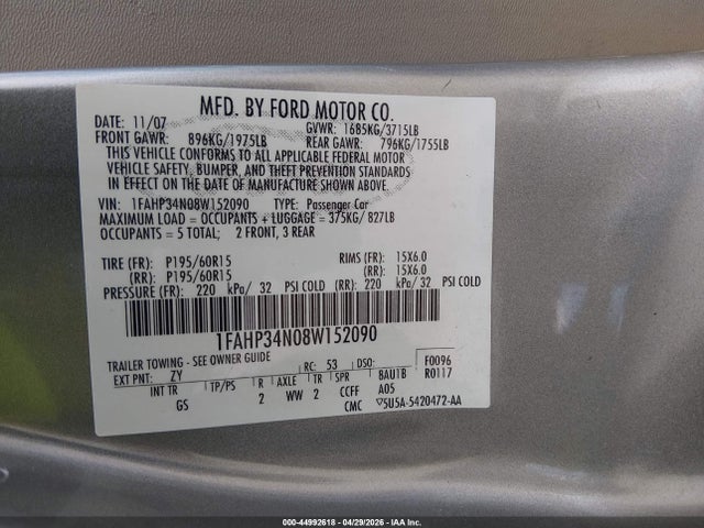 Aukcja sprzedaży 2008 Ford Focus S, vin: 1FAHP34N08W152090, numer aukcji: 44992618