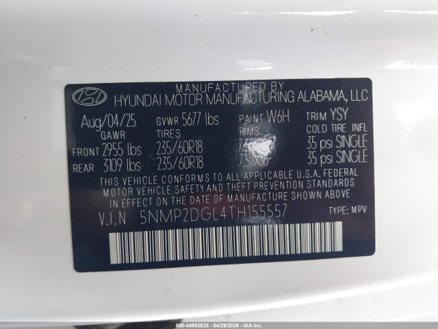 Продажа на аукционе авто 2026 Hyundai Santa Fe Sel, vin: 5NMP2DGL4TH155557, номер лота: 44992625