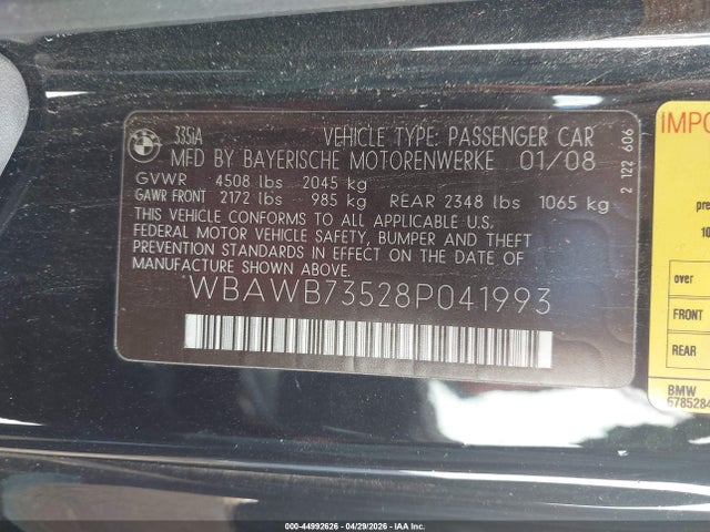 Продажа на аукционе авто 2008 Bmw 335i, vin: WBAWB73528P041993, номер лота: 44992626