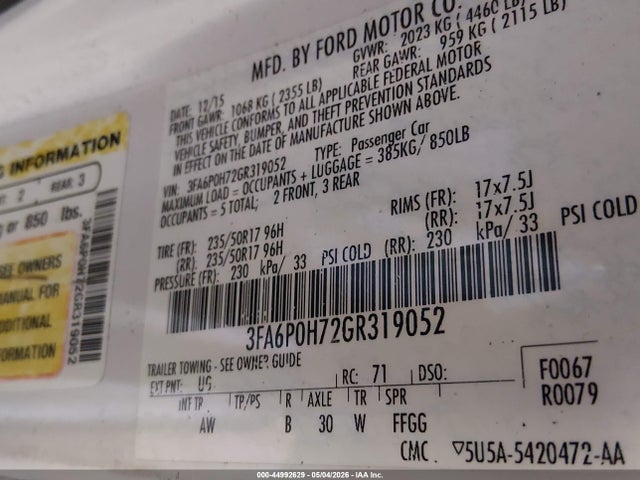 Aukcja sprzedaży 2016 Ford Fusion Se, vin: 3FA6P0H72GR319052, numer aukcji: 44992629