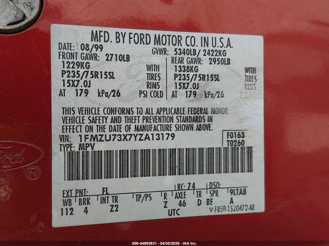 Продаж на аукціоні авто 2000 Ford Explorer Xlt, vin: 1FMZU73X7YZA13179, номер лоту: 44992631