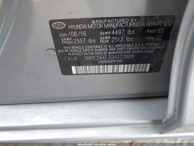 44992635 :رقم المزاد ، 5NPE24AF3GH377008 vin ، 2016 Hyundai Sonata Se مزاد بيع