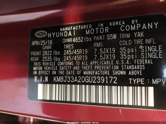 44992639 :رقم المزاد ، KM8J33A20GU239172 vin ، 2016 Hyundai Tucson Limited مزاد بيع